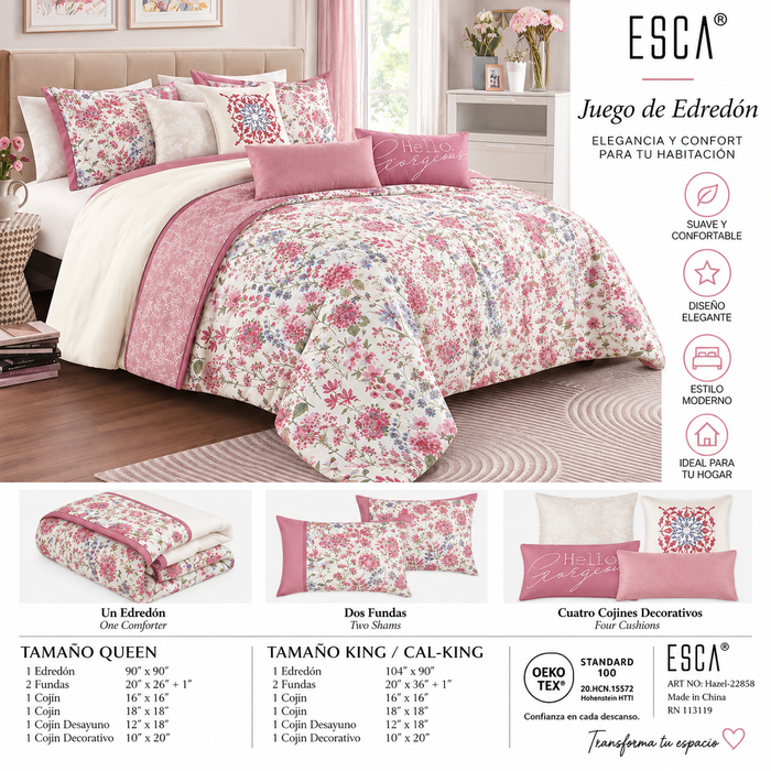 Juego de Edredón ESCA Hazel Queen 7 Piezas Floral Rosa