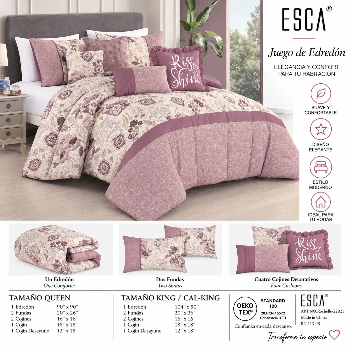 Juego de Edredón ESCA Rochelle Queen 7 Piezas – Rosa/Malva