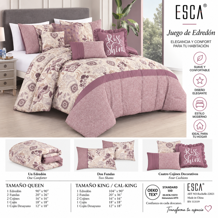 Juego de Edredón ESCA Rochelle Queen 7 Piezas – Rosa/Malva