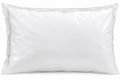 A white rectangular pillow shown inside a clear plastic shrink-wrap package on a white background.
