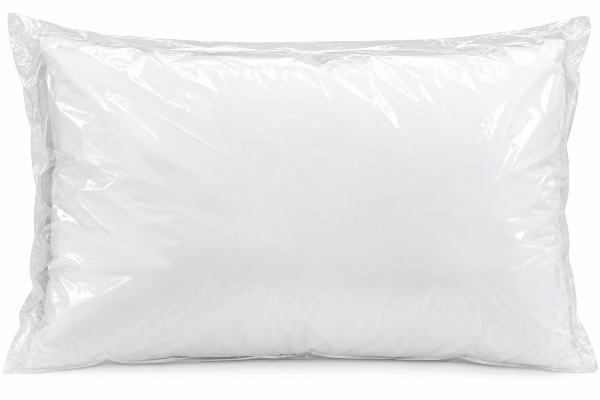 A white rectangular pillow shown inside a clear plastic shrink-wrap package on a white background.