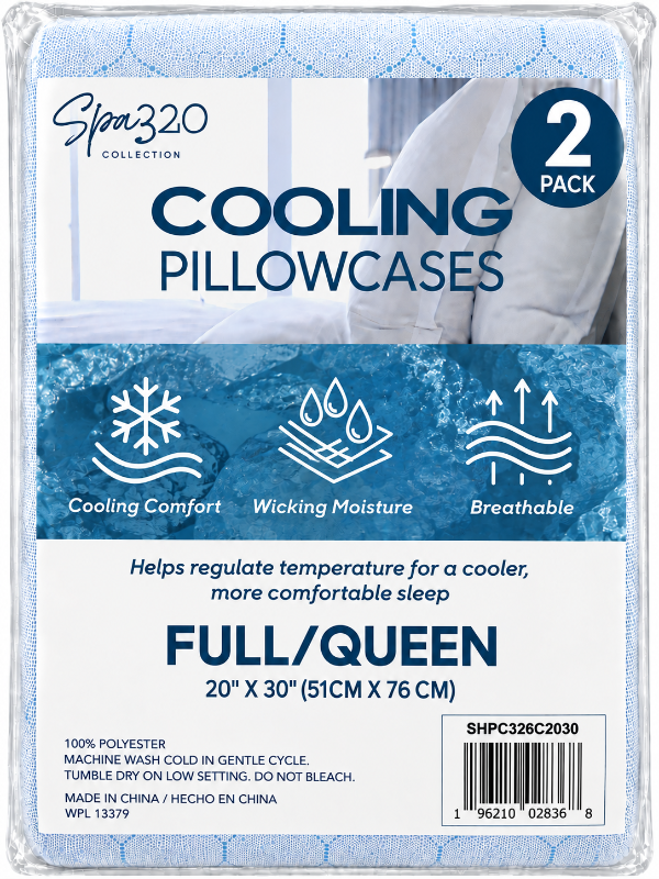 A packaged 2-pack of Spa320 Collection Cooling Pillowcases in Full/Queen size. The product is shown in its clear plastic packaging with a white and blue label featuring product features, dimensions (20" x 30" / 51cm x 76cm), and a barcode.
