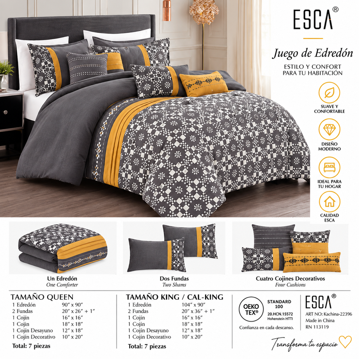 Juego de Edredón ESCA Kachina Queen 7 Piezas – Gris y Mostaza