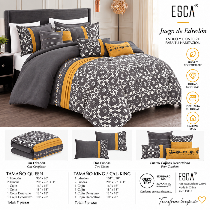 Juego de Edredón ESCA Kachina Queen 7 Piezas – Gris y Mostaza