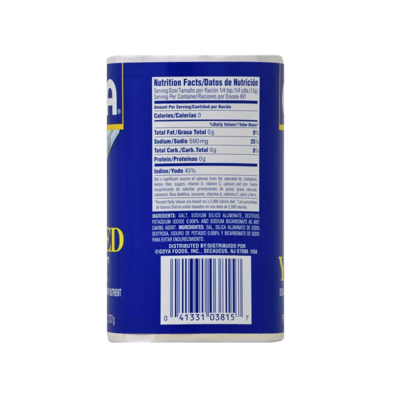 Back side of a cylindrical blue canister showing nutrition facts, barcode, and small text, photographed on a plain white background.