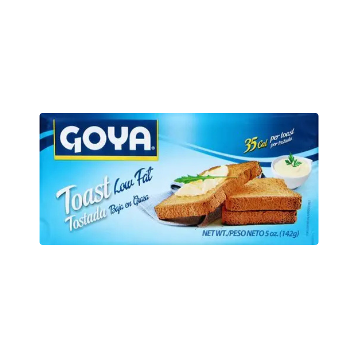 A package of Goya Toast Low Fat Tostada Bife or Tostada on Biscuit, featuring a blue box with images of toasted bread and cheese.